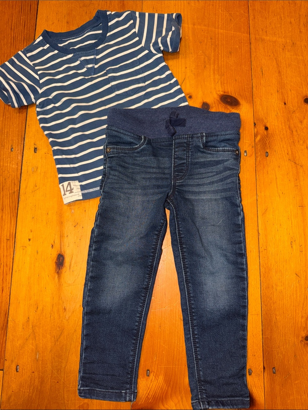 2PC OshKosh B'gosh Dark Blue Pull-On Denim Joggers Kids Striped Shirt 3T